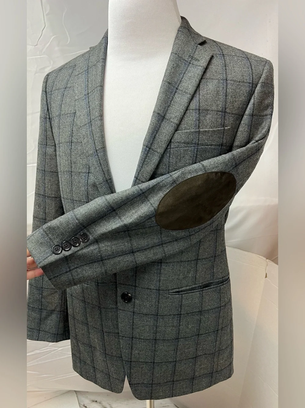 Ralph Lauren Men's 38R Gray Plaid Brown Elbow Patches Wool Blazer Jacket Coat